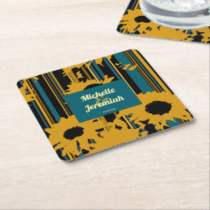 Sunflower Teal Blue Gold Modern Wedding Square Paper Coaster