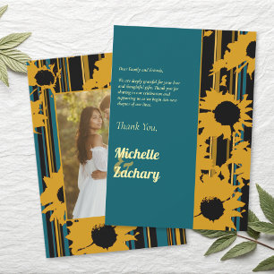 Sunflower Teal Blue Gold Modern Wedding Thank You Card