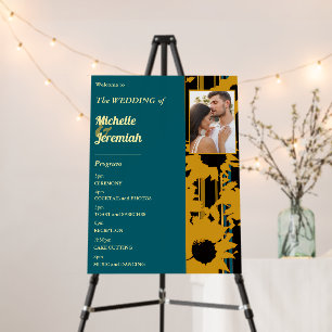 Sunflower Teal Blue Gold Modern Wedding Welcome  Foam Board
