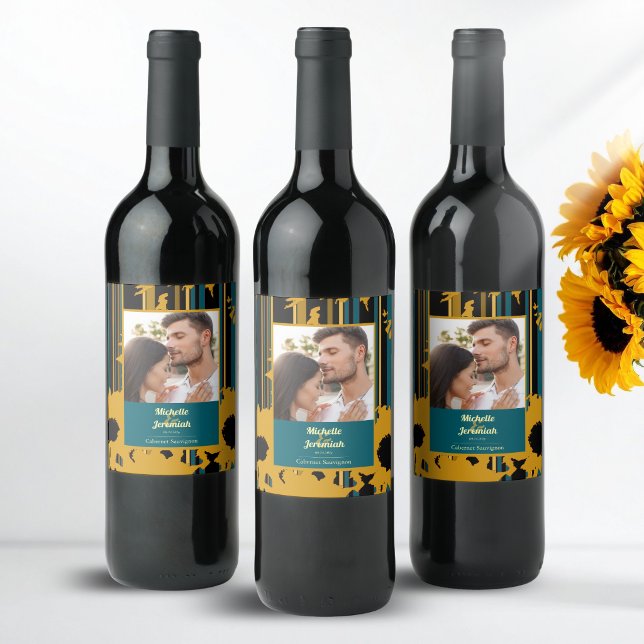Sunflower Teal Blue Gold Modern Wedding Wine Label (Creator Uploaded)