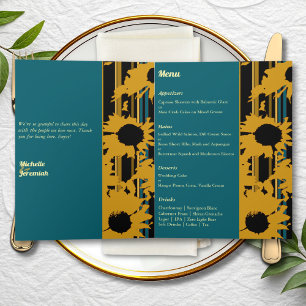 Sunflower Teal Blue Gold Wedding Folded Card Menu