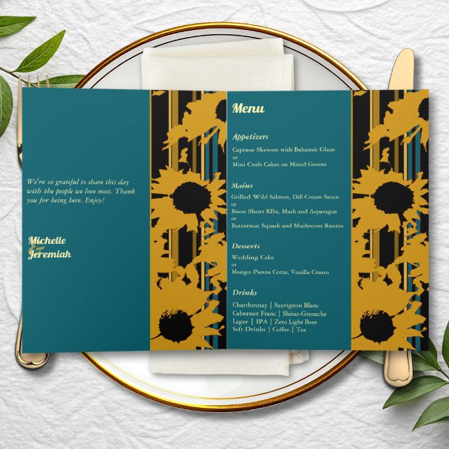 Sunflower Teal Blue Gold Wedding Folded Card Menu (Creator Uploaded)
