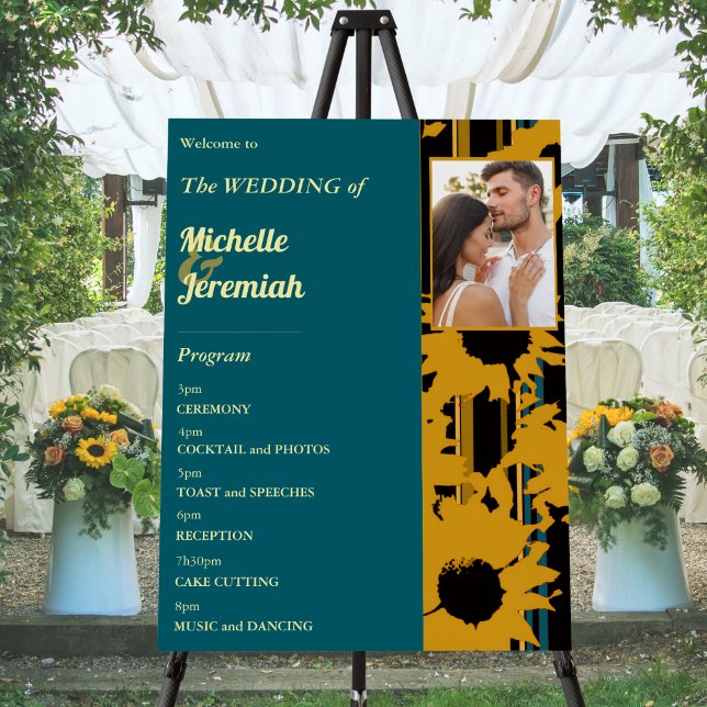 Sunflower Teal Blue Gold Wedding Welcome Program Foam Board (Creator Uploaded)