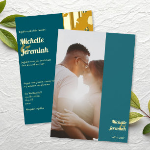 Sunflower Teal Blue Modern Wedding Gold Foil Invitation