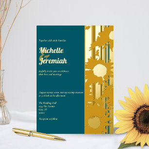 Sunflower Teal Blue Modern Wedding Gold Foil Invitation