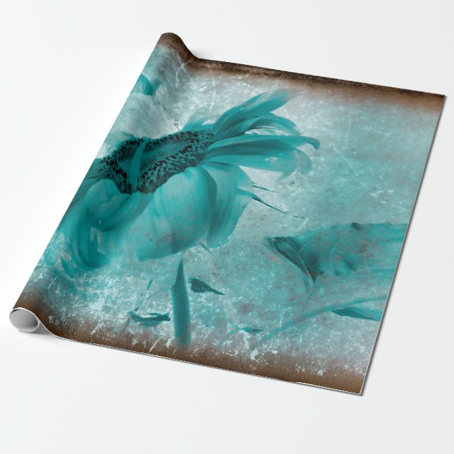 Sunflower Teal Blue Vintage Antique Texture Wrapping Paper (Unrolled)