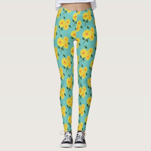 Sunflower Teal Boho Floral Pattern Leggings