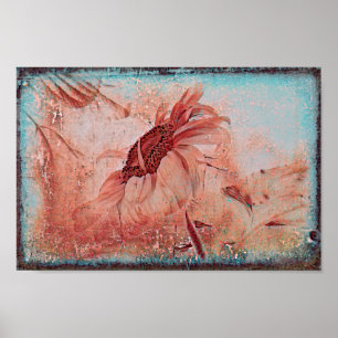 Sunflower Teal Brown Sepia Vintage Antique Texture Poster