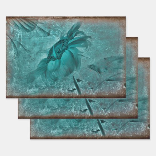 Sunflower Teal Brown Vintage Antique Grunge Wrapping Paper Sheets