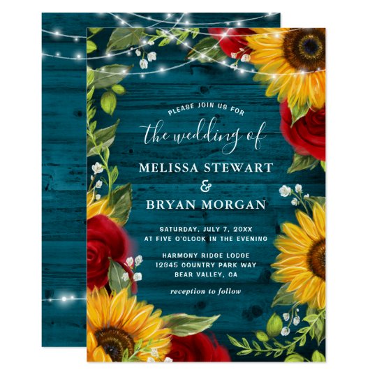 Sunflower Teal Burgundy Rose Rustic Wood Wedding Invitation | Zazzle.com