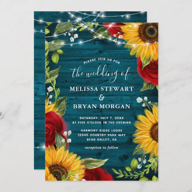 Sunflower Teal Burgundy Rose Rustic Wood Wedding Invitation 