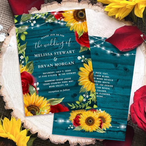 Sunflower Teal Burgundy Rose Rustic Wood Wedding Invitation