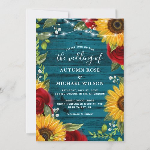 Sunflower Teal Burgundy Rose Rustic Wood Wedding Invitation