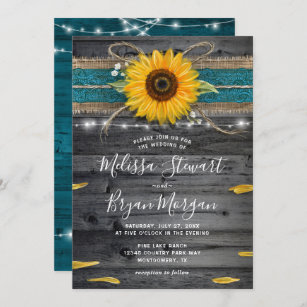 Sunflower Teal Burlap Lace Rustic Wood Wedding Invitation