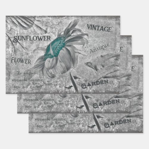 Sunflower Teal Gray Vintage Ephemera Texture Wrapping Paper Sheets