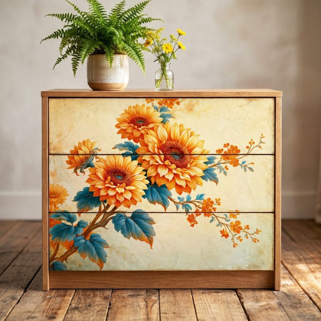 Sunflower Teal Leaf Vintage Branch Decoupage Tissue Paper (Creator Uploaded)