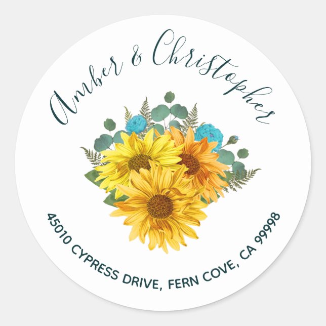 Sunflower Teal Roses Wedding Address Envelope Seal (Front)
