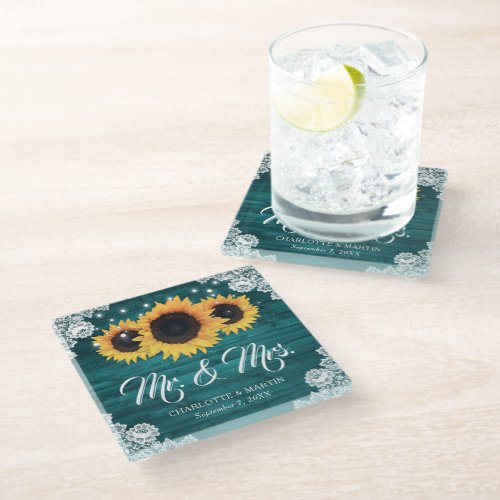Sunflower Teal Rustic Wood Lace Wedding Glass Coaster