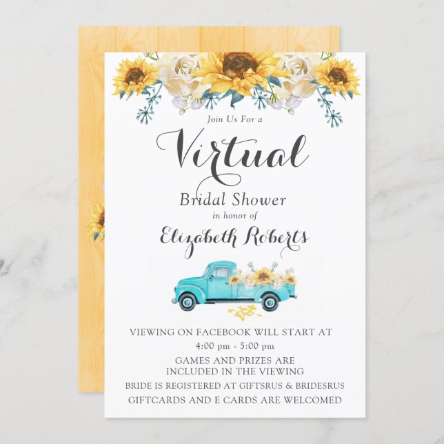 Sunflower Teal Vintage Truck Virtual Bridal Shower Invitation (Front/Back)
