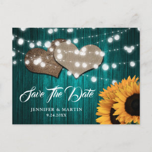 Sunflower Teal Wood Wedding Save The Date Postcard