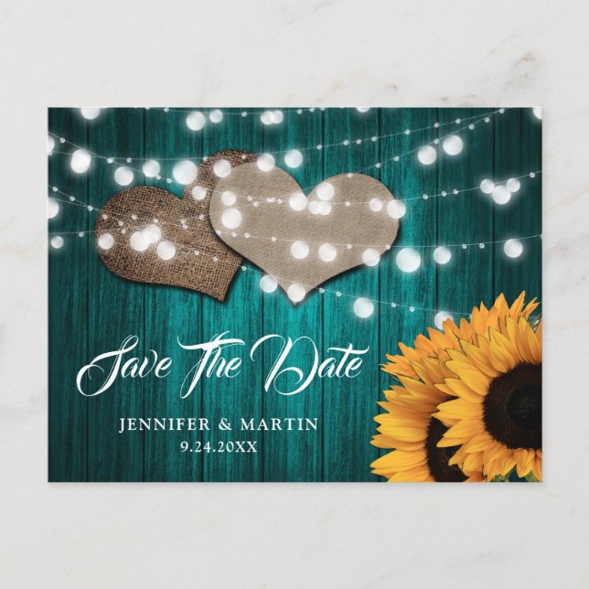 Sunflower Teal Wood Wedding Save The Date Postcard (Front)