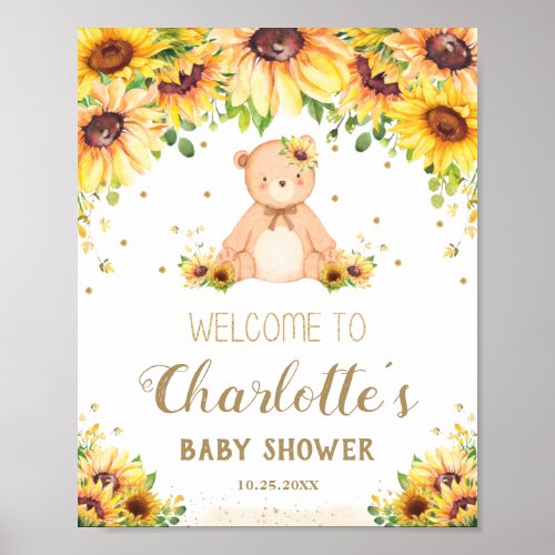 Sunflower Teddy Bear Baby Shower Birthday Welcome  Poster