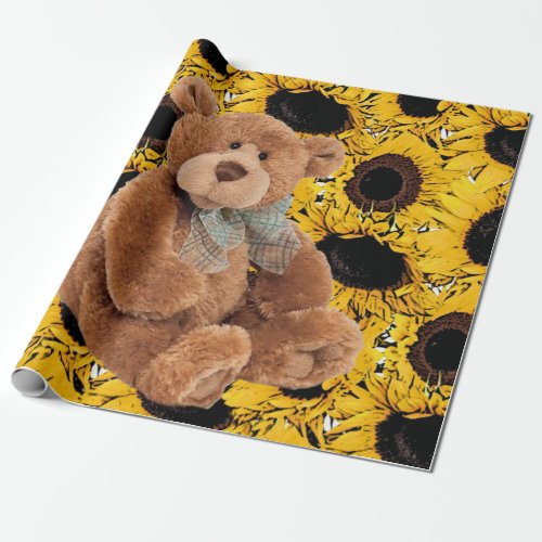 Sunflower Teddy Bear Matte Wrapping Paper