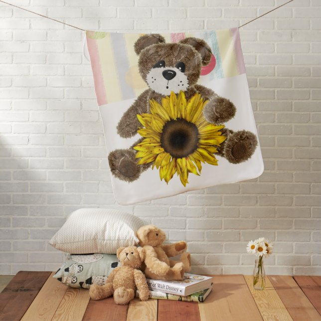 Sunflower Teddy Bear Pastel Stripes Baby Blanket (In Situ)