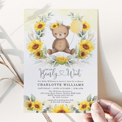 Sunflower Teddy Bear Summer Greenery Baby Shower Invitation