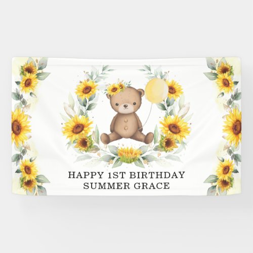 Sunflower Teddy Bear Yellow Balloon Happy Birthday Banner