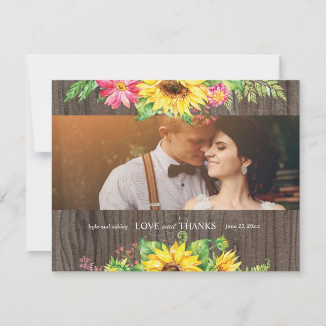 Sunflower Thank You Card for Wedding on wood (Front)