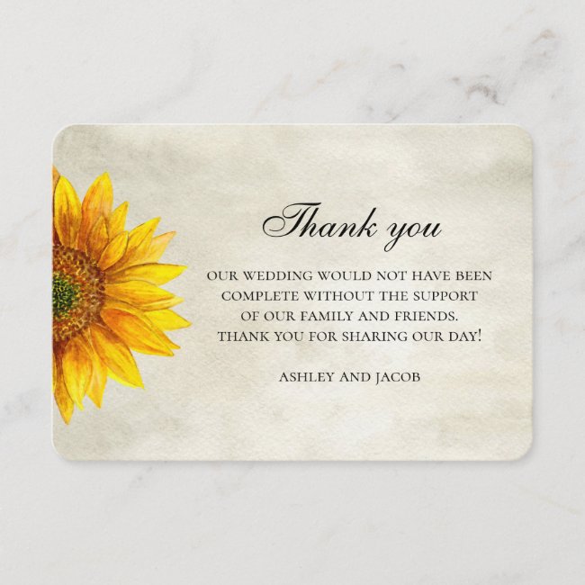 Sunflower thank you. Rustic flower wedding note