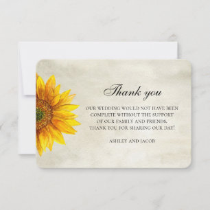 Sunflower thank you. Rustic flower wedding note Card