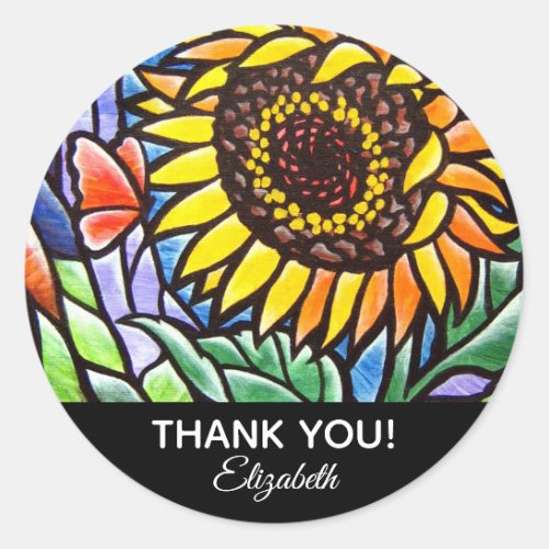 Sunflower Thank You Stained Glass Personalized Art Classic Round Sticker