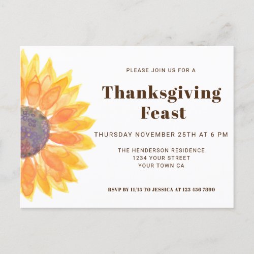 Sunflower Thanksgiving Dinner Invitation Postcard