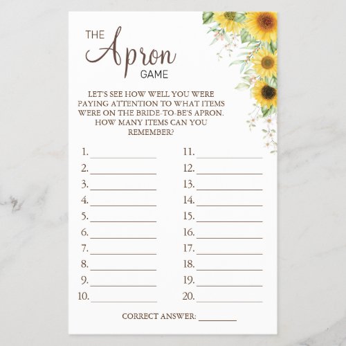 Sunflower The Apron Bridal shower game card Flyer