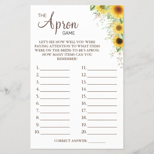 Sunflower The Apron Bridal shower game card Flyer (Front)