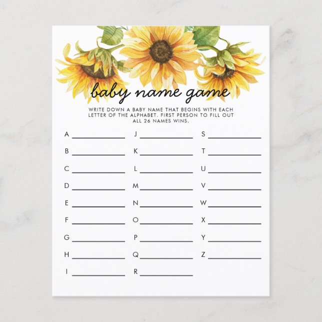Sunflower Theme Baby Name Shower Game (Front)