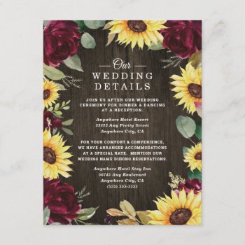 Sunflower Themed And Burgundy Red Rose Wedding Enclosure Card by RusticWeddings at Zazzle
