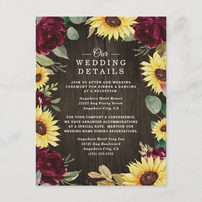 Sunflower Themed and Burgundy Red Rose Wedding Enclosure Card (Front)