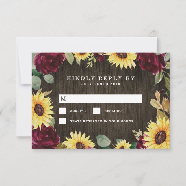 Sunflower Themed and Burgundy Red Rose Wedding RSVP Card (Front)