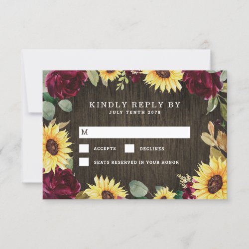 Sunflower Themed and Burgundy Red Rose Wedding RSVP Card