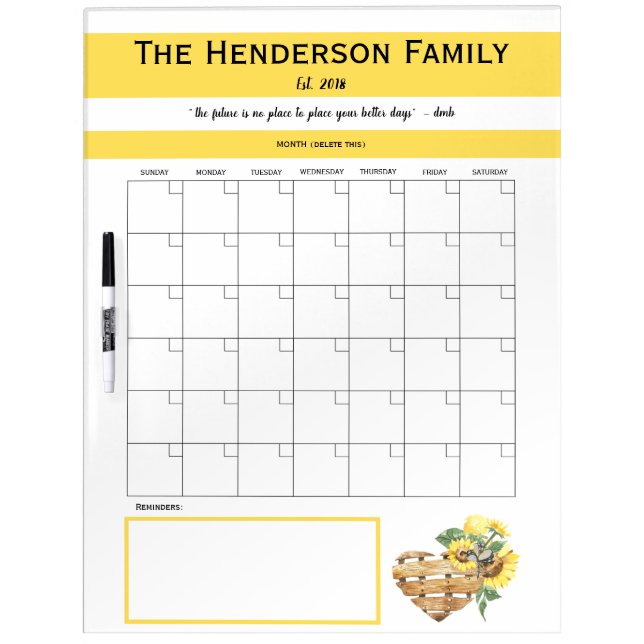 Sunflower themed Personalized Family Calendar Dry Erase Board (Front)