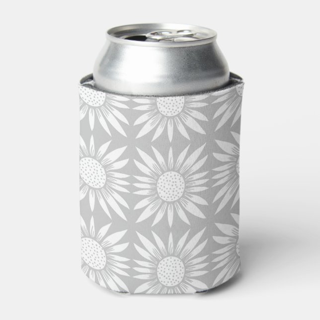 Sunflower Tile Pattern Gray White Can Cooler (Can Front)