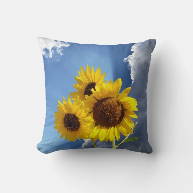 Sunflower Trio Against a Blue Sky with Clouds Throw Pillow (Front)