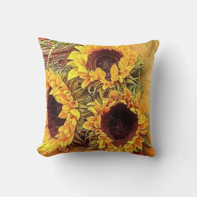 "Sunflower Trio Autumn Flowers 2" Fall Throw Pillow (Front)