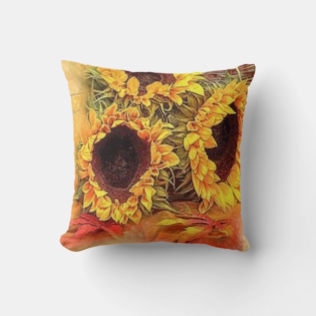 "Sunflower Trio Autumn Flowers" Fall Throw Pillow (Front)