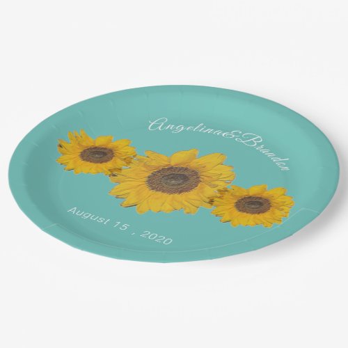 sunflower trio  for weddings _ teal paper plates