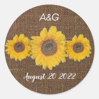 sunflower trio  in burlap look - rustic wedding cl classic round sticker