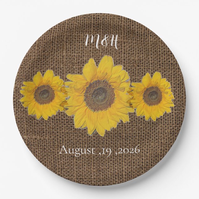 sunflower trio  in burlap look - rustic wedding paper plates (Front)